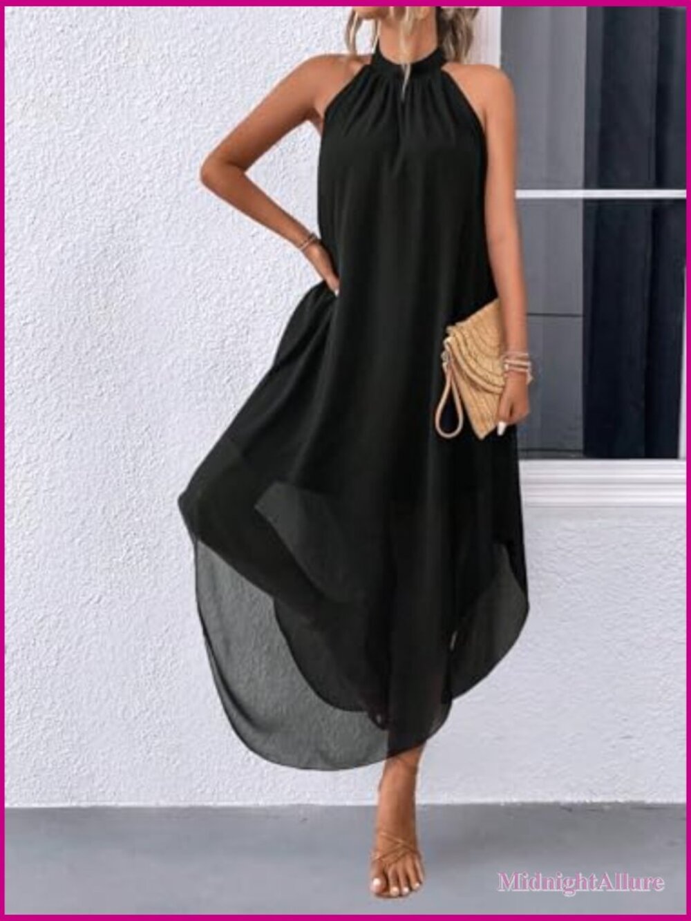 Women's Halter Flowy Chiffon Asymmetrical Maxi Dress - Picture 6 of 7